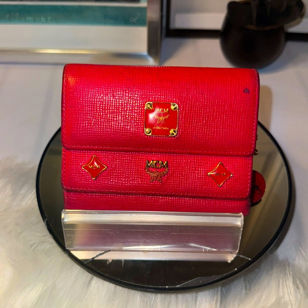 Authentic MCM Pink Leather Studded Logo Motifs Trifold Wallet with keychain GUC